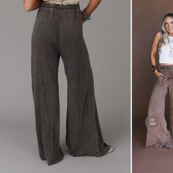 Three Bird Nest Charcoal Acidwash Wide Leg Drawstring Sweatpants - Picture 8 of 9